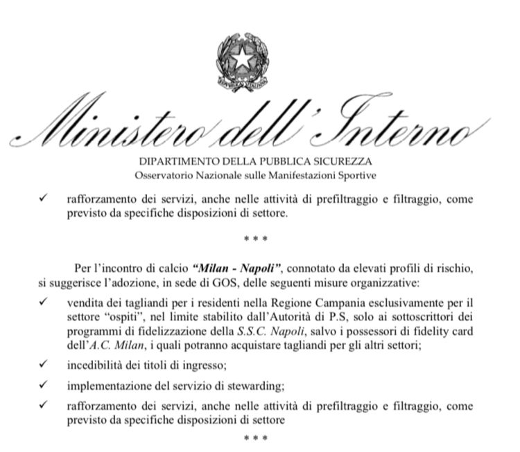 biglietti milan napoli settore ospiti ministero dell'interno osservatorio