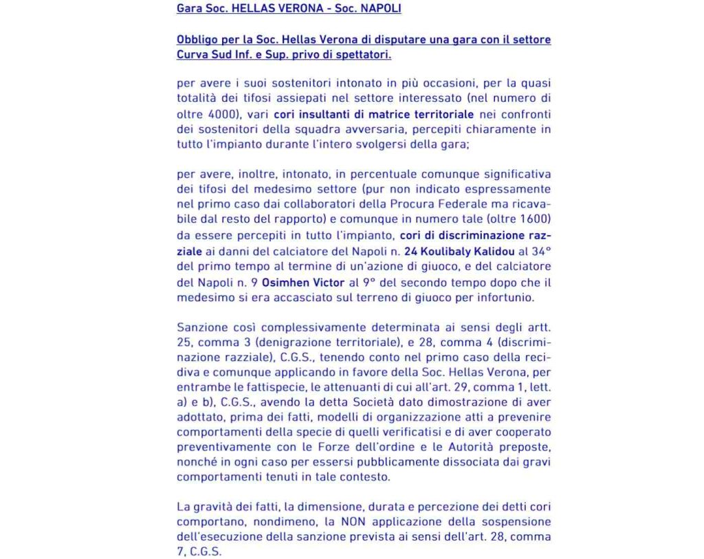 verona napoli giudice sportivo