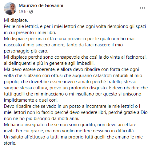 maurizio de giovanni sfogo polemiche salerno tifosi salernitana cori anti napoli presentazione libro