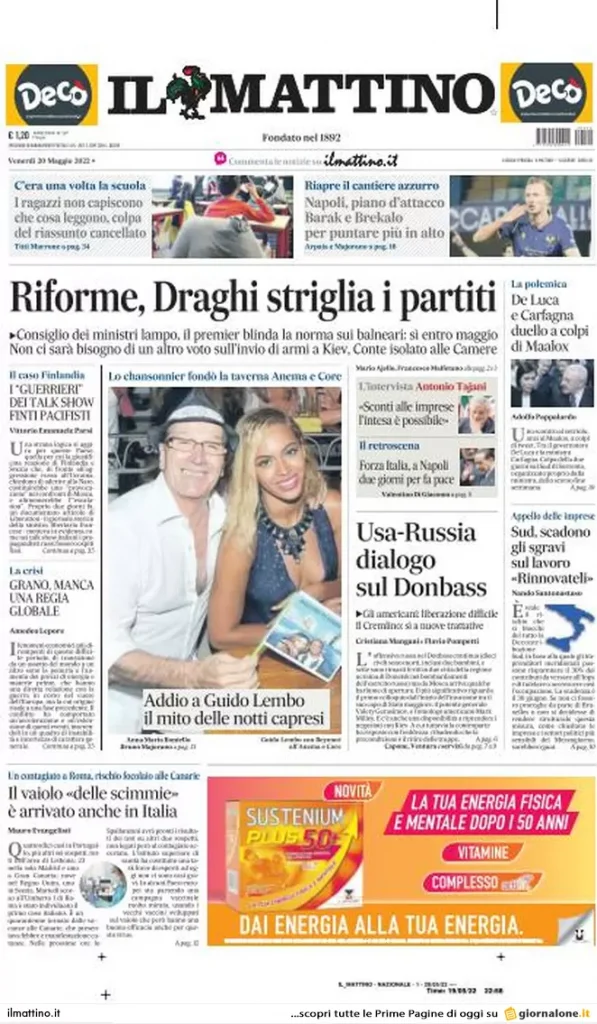 prima pagina il mattino di napoli 20 maggio 2022