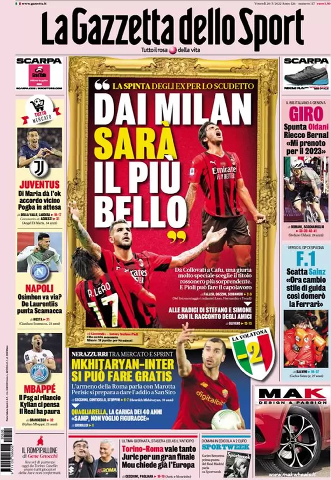 prima pagina la gazzetta dello sport 20 maggio 2022