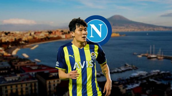 Kim Min jae con lo sfondo di Napoli e lo scudetto