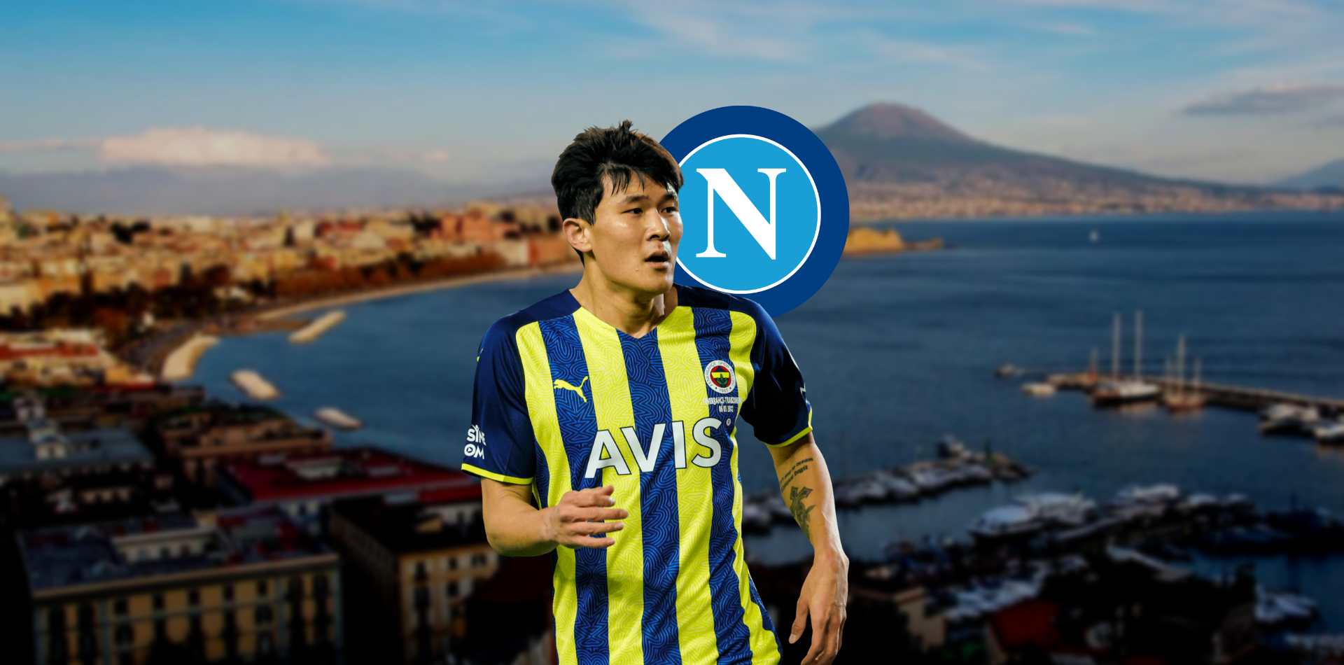 Kim Min jae con lo sfondo di Napoli e lo scudetto