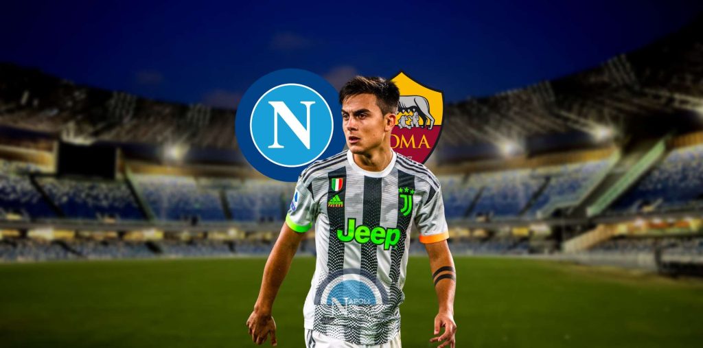 dybala allo stadio maradona con scudetti di napoli e roma