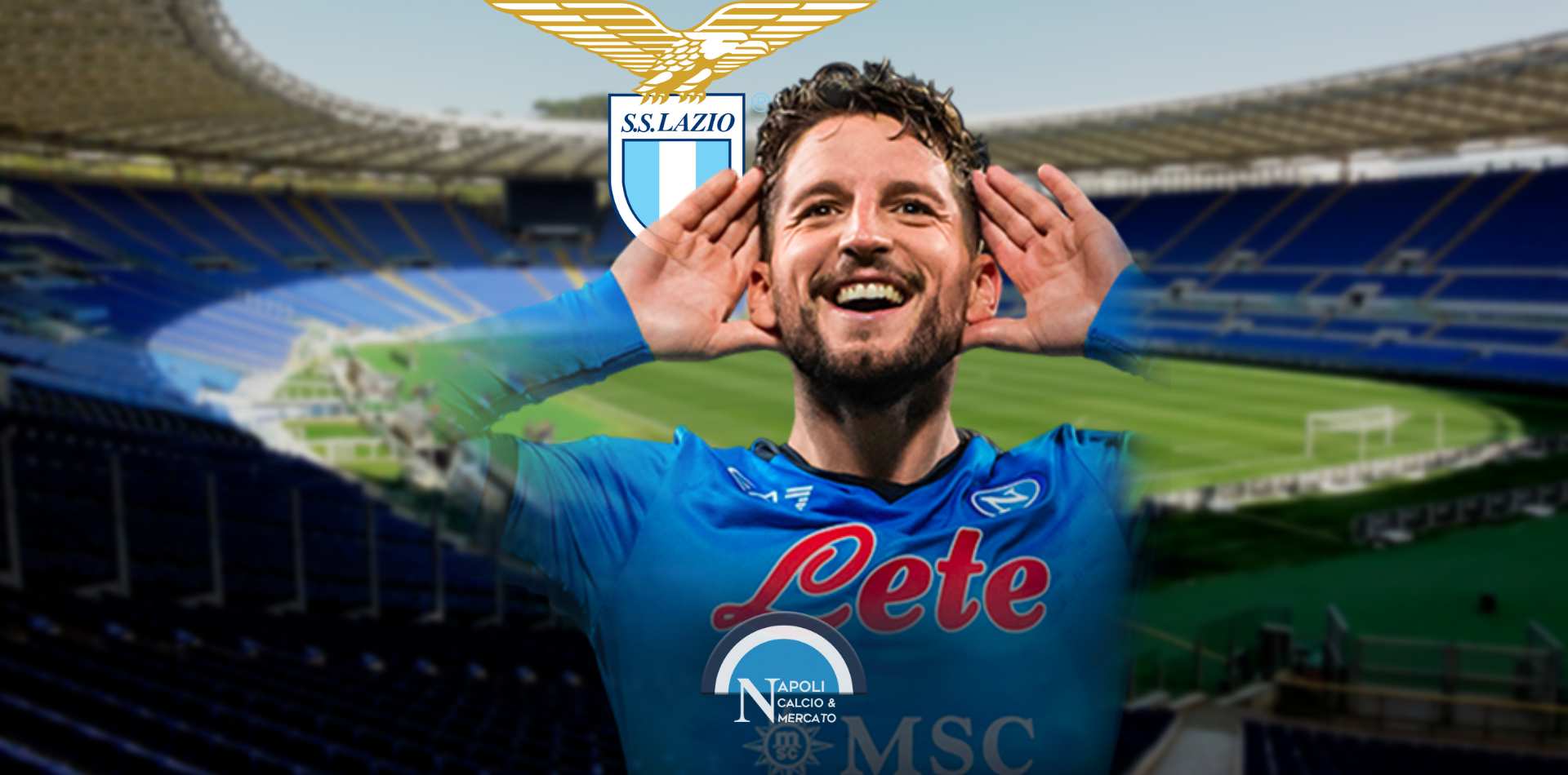 Dries Mertens con la maglia del Napoli e sullo sfondo lo stadio Olimpico