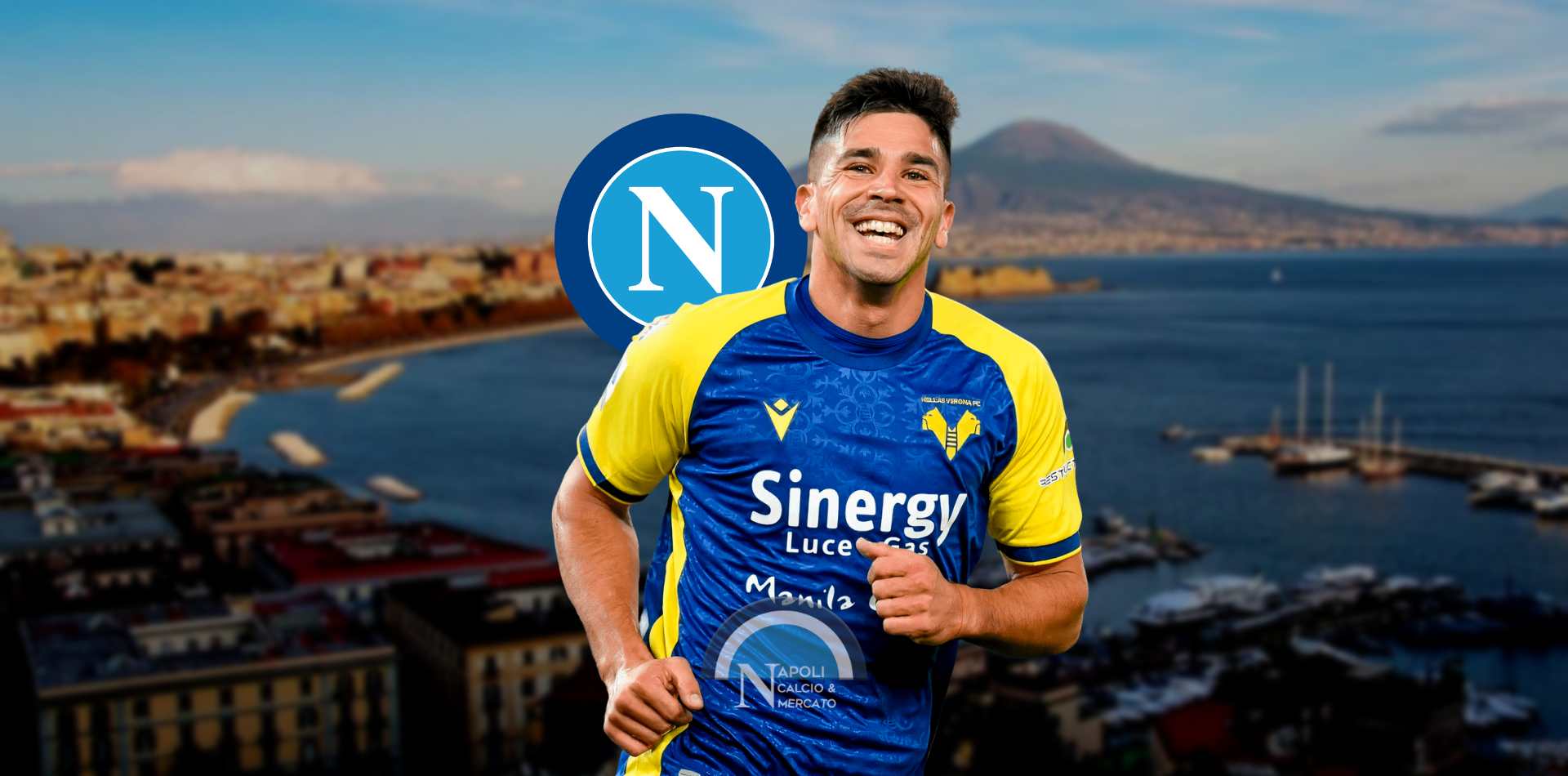 Giovanni Simeone con lo sfondo di Napoli e lo scudetto