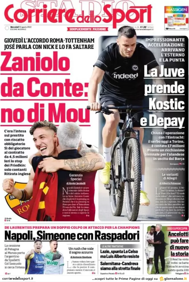 prima pagina corriere dello sport 10 agosto 2022