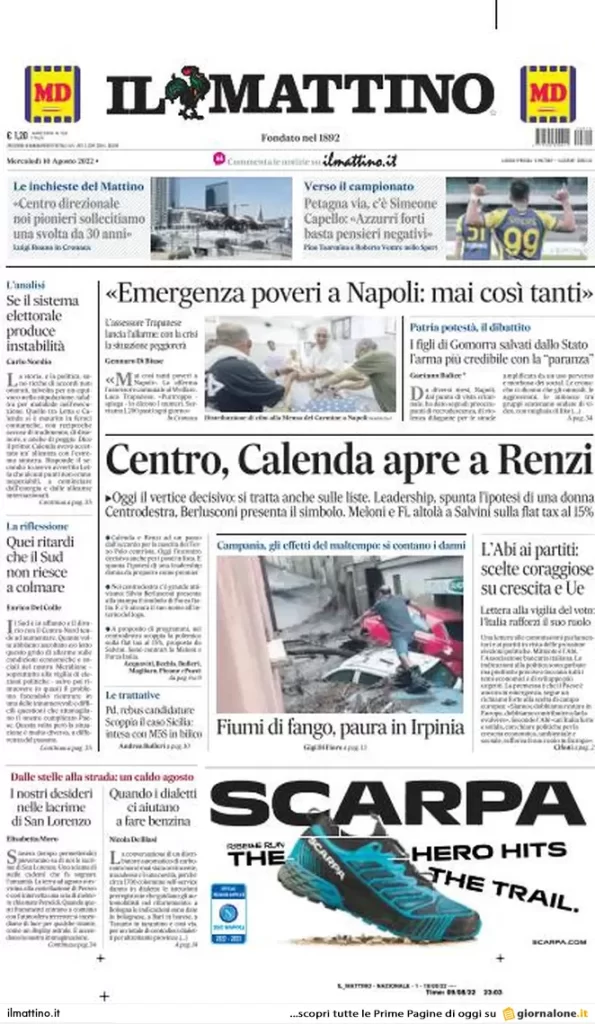 prima pagina il mattino di napoli 10 agosto 2022