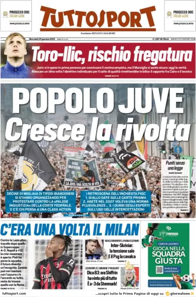 prima pagina tuttosport 25 gennaio 2023
