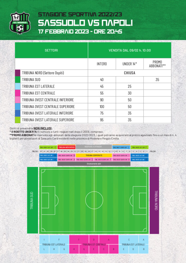 biglietti sassuolo napoli tutti i prezzi 17 febbraio 2023